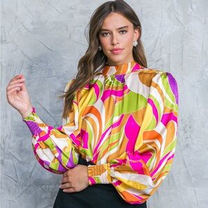 Flying Tomato Retro Swirl Mock-Neck Blouse in Pink, Orange & Green